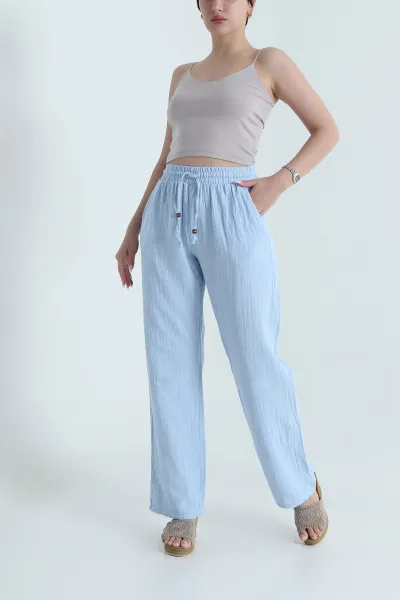 Bebe Mavisi Beli Lastikli Müslin Keten Kadın Pantolon 464243
