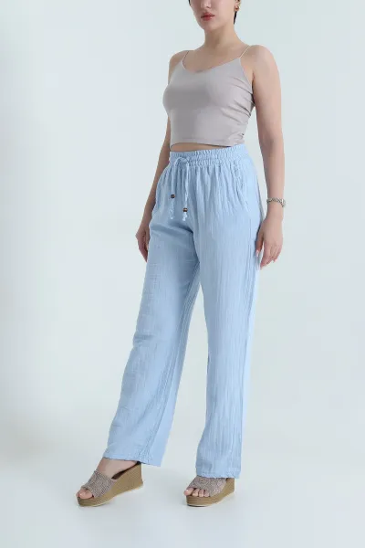 Bebe Mavisi Beli Lastikli Müslin Keten Kadın Pantolon 464243