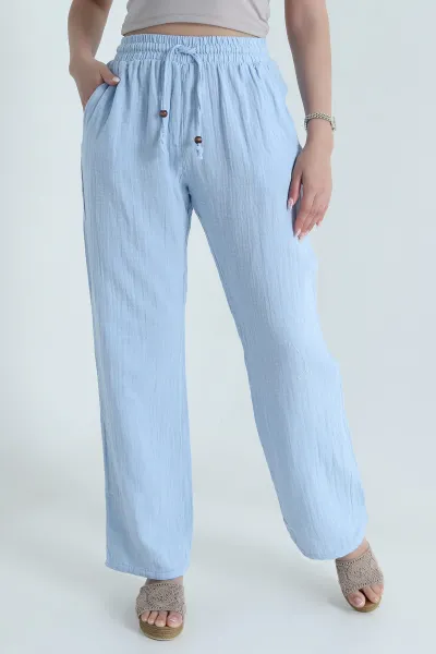 Bebe Mavisi Beli Lastikli Müslin Keten Kadın Pantolon 464243