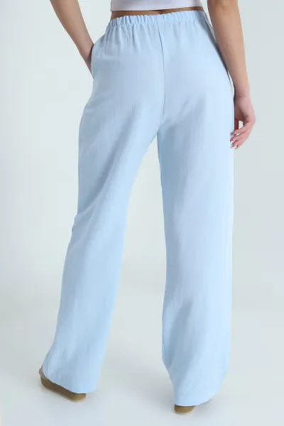 Bebe Mavisi Beli Lastikli Palazzo Kadın Keten Pantolon 478623