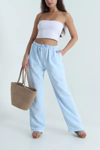 Bebe Mavisi Beli Lastikli Palazzo Kadın Keten Pantolon 478623