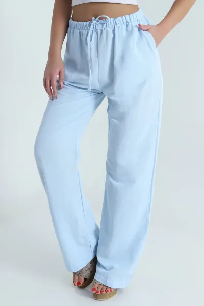 Bebe Mavisi Beli Lastikli Palazzo Kadın Keten Pantolon 478623