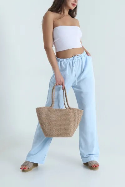 Bebe Mavisi Beli Lastikli Palazzo Kadın Keten Pantolon 478623