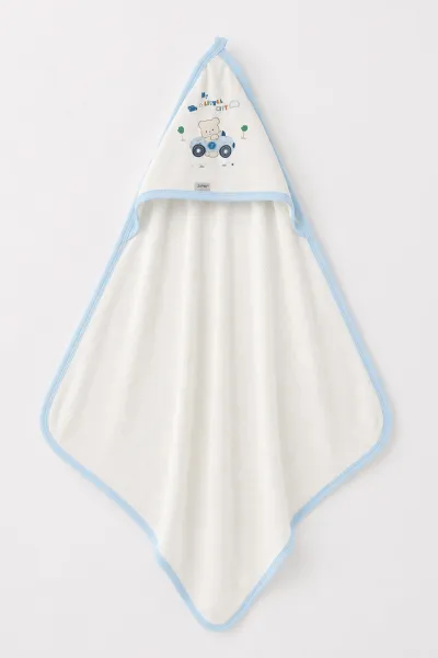 Bebe Mavisi Beyaz (0-6 Ay) Araba Baskılı Çift Katlı Bebek Silgi Havlu 476274