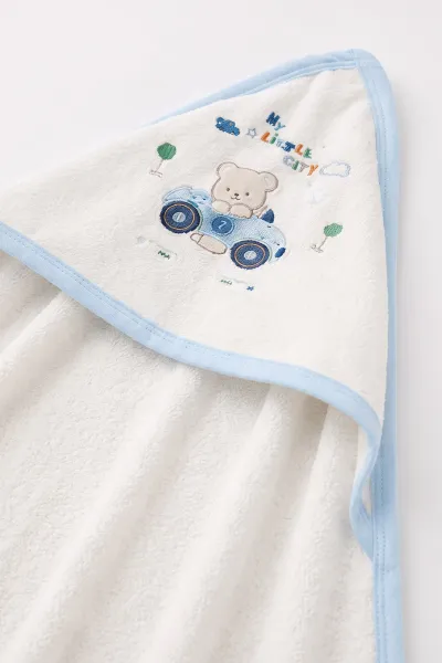 Bebe Mavisi Beyaz (0-6 Ay) Araba Baskılı Çift Katlı Bebek Silgi Havlu 476274