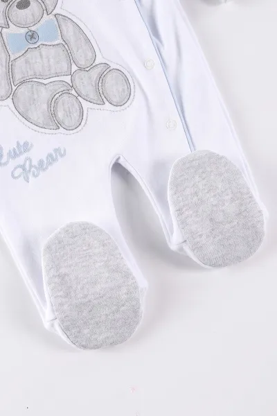 Bebe Mavisi Beyaz  (0-9 Ay)Oturan Ayı Nakışlı Şapkalı Penye Erkek  Bebek Tulum 500425
