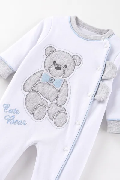 Bebe Mavisi Beyaz  (0-9 Ay)Oturan Ayı Nakışlı Şapkalı Penye Erkek  Bebek Tulum 500425