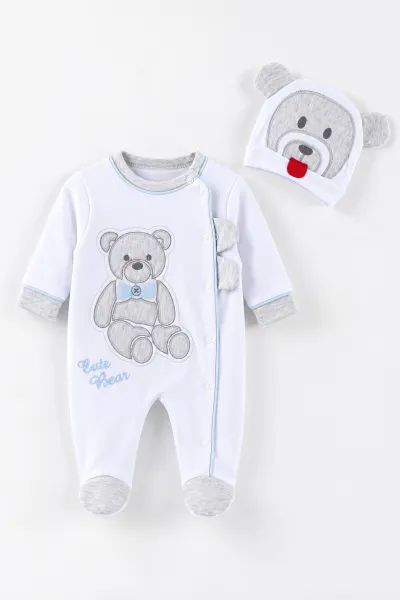 Bebe Mavisi Beyaz  (0-9 Ay)Oturan Ayı Nakışlı Şapkalı Penye Erkek  Bebek Tulum 500425