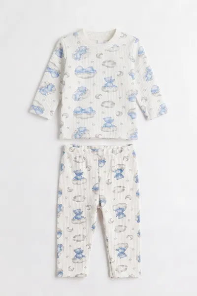 Bebe Mavisi Beyaz (1-3 Yaş) Bulutlu Ayı  Baskılı Raporlu Çocuk Pijama Takım 477255