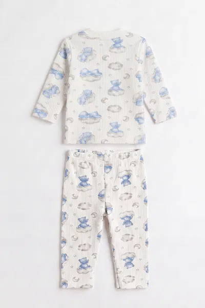 Bebe Mavisi Beyaz (1-3 Yaş) Bulutlu Ayı  Baskılı Raporlu Çocuk Pijama Takım 477255