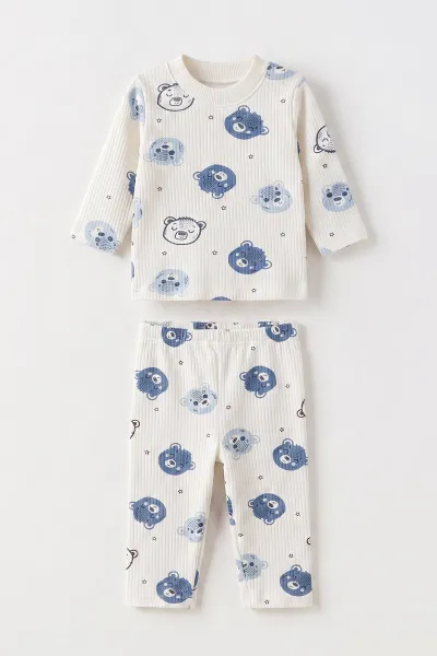 Bebe Mavisi Beyaz (1-3 Yaş) Koala Kafası Baskılı Raporlu Çocuk Pijama Takım 477252