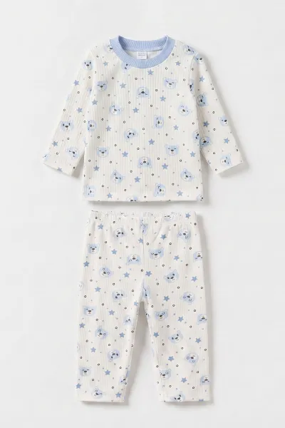 Bebe Mavisi Beyaz (1-3 Yaş) Yıldız Desenli Raporlu Çocuk Pijama Takım 477265