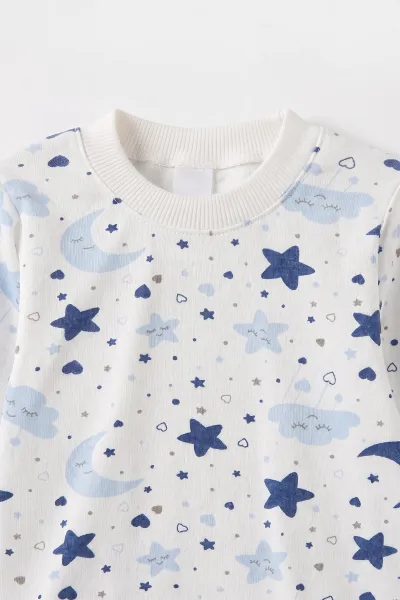Bebe Mavisi Beyaz   (1-3 Yaş) Yıldız ve Bulut Desenli  Çocuk Pijama Takım 477361