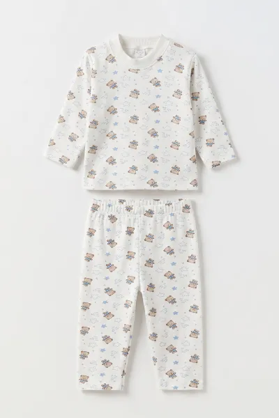 Bebe Mavisi Beyaz   (1-3 Yaş) Yıldızlı Ayıcık Desenli   Çocuk Pijama Takım 477365