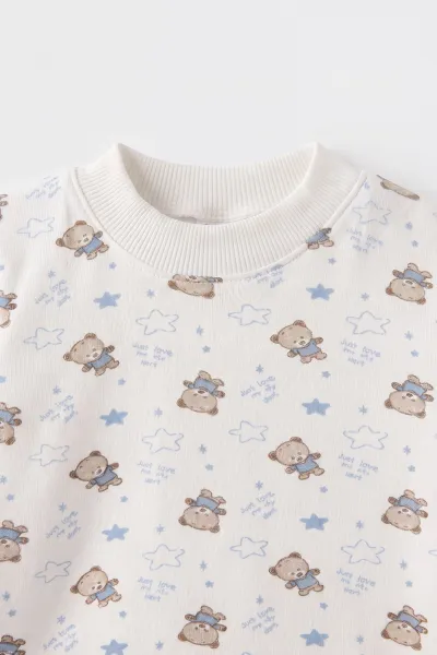 Bebe Mavisi Beyaz   (1-3 Yaş) Yıldızlı Ayıcık Desenli   Çocuk Pijama Takım 477365
