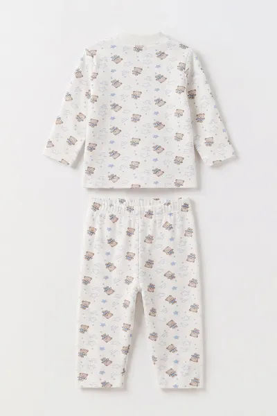 Bebe Mavisi Beyaz   (1-3 Yaş) Yıldızlı Ayıcık Desenli   Çocuk Pijama Takım 477365