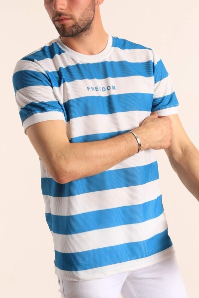 Saks Mavisi Beyaz Çizgili Slim Fit Dokulu Erkek Tişört 186867