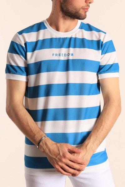Saks Mavisi Beyaz Çizgili Slim Fit Dokulu Erkek Tişört 186867