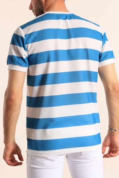 Saks Mavisi Beyaz Çizgili Slim Fit Dokulu Erkek Tişört 186867