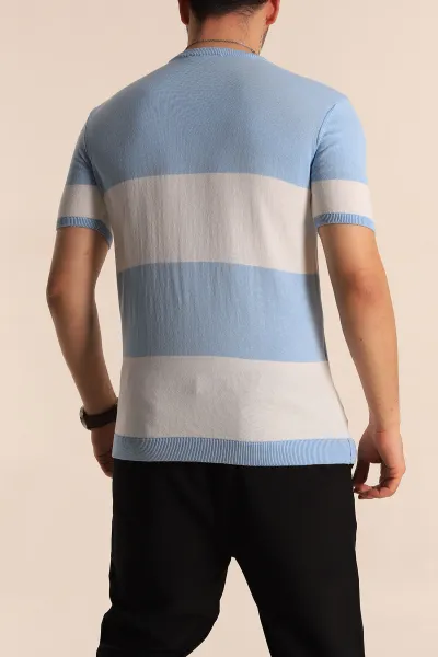 Bebe Mavisi Beyaz Geniş Çizgili Slim Fit Erkek Triko Tişört 260936