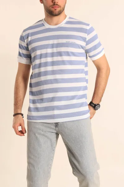 Bebe Mavisi Beyaz Regular Fit Çizgili Yazı Detay Erkek Tişört 252187