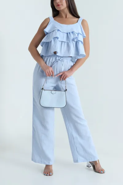 Bebe Mavisi Bluz Pantolon Müslin Keten Kadın İkili Takım 480691