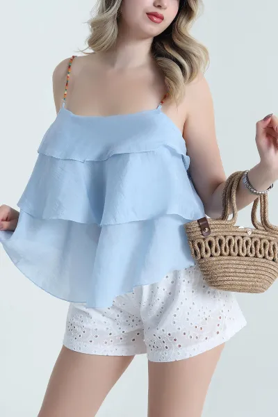 Bebe Mavisi Boncuk Askı Detay Tencel Kadın Bluz 478616