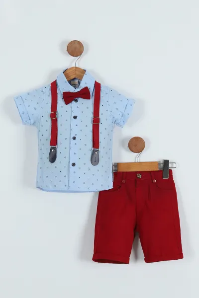 Bebe Mavisi Bordo (5-8 Yaş) Papyonlu  Desenli Kemer Askılı Erkek Çocuk Takım 258748