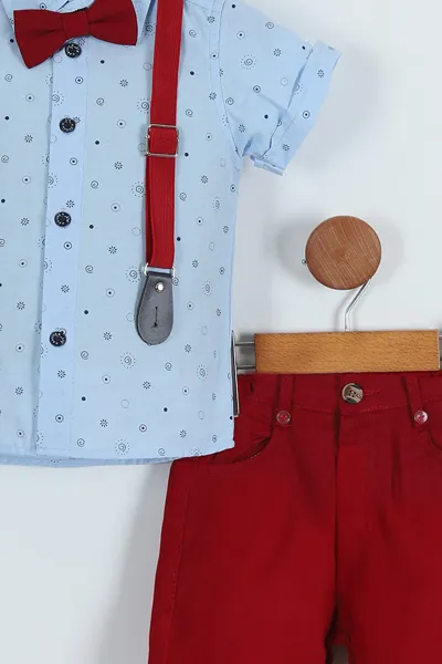 Bebe Mavisi Bordo (5-8 Yaş) Papyonlu  Desenli Kemer Askılı Erkek Çocuk Takım 258748
