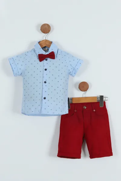 Bebe Mavisi Bordo (5-8 Yaş) Papyonlu  Desenli Kemer Askılı Erkek Çocuk Takım 258748