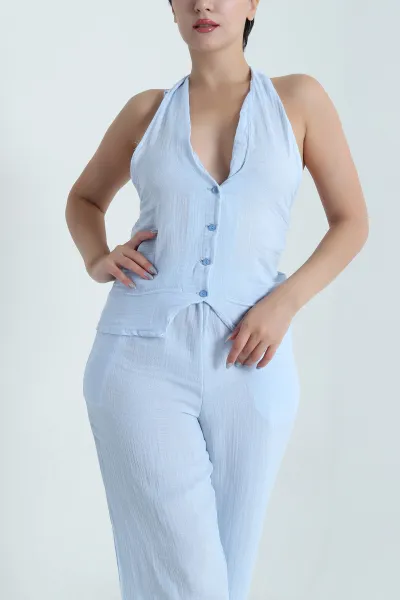 Bebe Mavisi Boyun Bağlamalı Yelekli Müslin Keten Kadın İkili Takım 480744