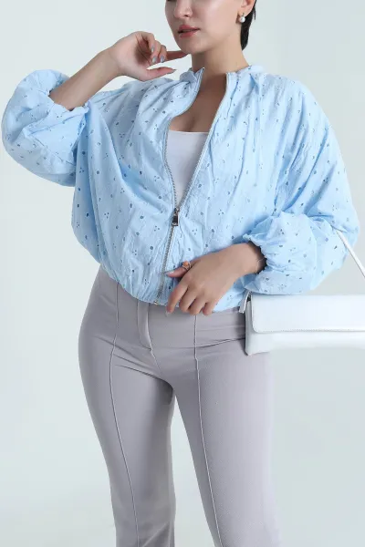 Bebe Mavisi Brodeli Keten Kadın Ceket 481032