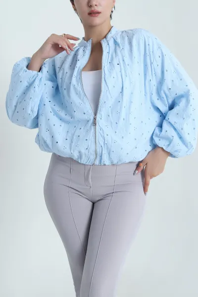 Bebe Mavisi Brodeli Keten Kadın Ceket 481032