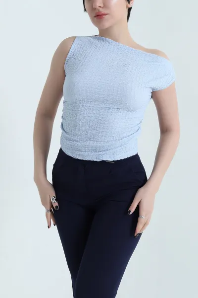 Bebe Mavisi Büzgülü Kolsuz Gofre Kadın Bluz 456292
