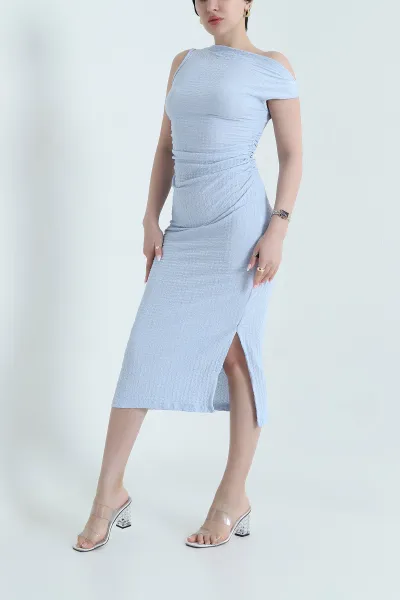 Bebe Mavisi Büzgülü Kolsuz Yırtmaçlı Gofre Kadın Elbise 456323