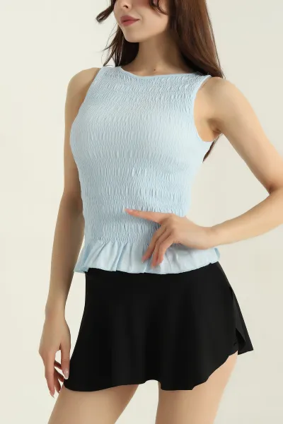 Bebe Mavisi Büzgülü Likralı Kadın Bluz 373646