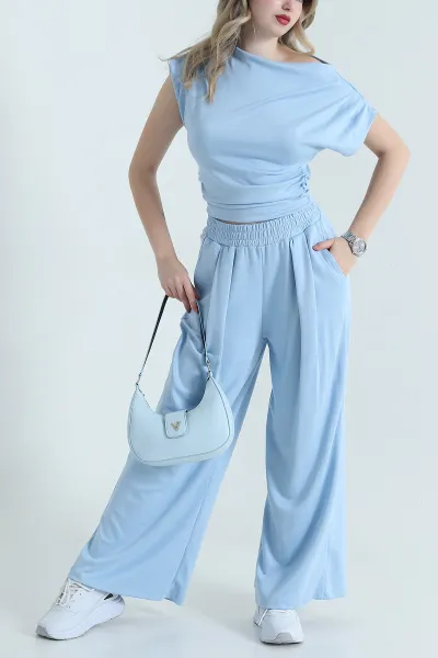 Bebe Mavisi Büzgülü Modal Kumaş Kadın İkili Takım 467280