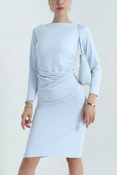 Bebe Mavisi Büzgülü Uzun Kol Modal Kadın Elbise 381477
