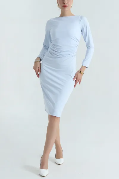 Bebe Mavisi Büzgülü Uzun Kol Modal Kadın Elbise 381477
