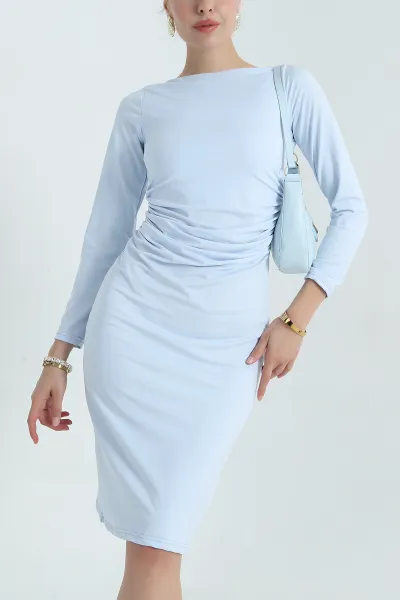 Bebe Mavisi Büzgülü Uzun Kol Modal Kadın Elbise 381477