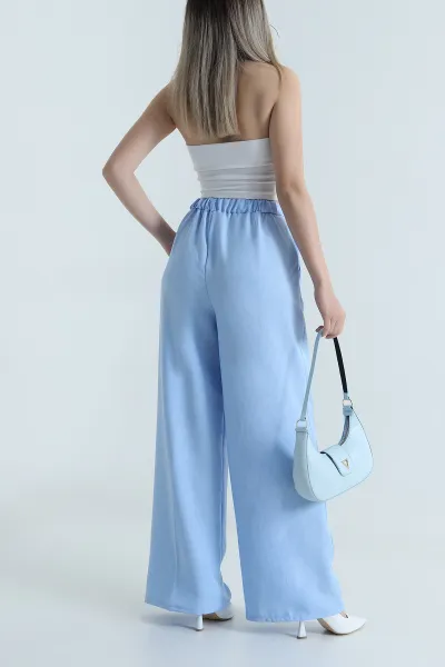 Bebe Mavisi Cepli Pileli Keten Kadın Pantolon 487751