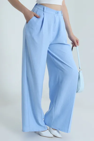 Bebe Mavisi Cepli Pileli Keten Kadın Pantolon 487751