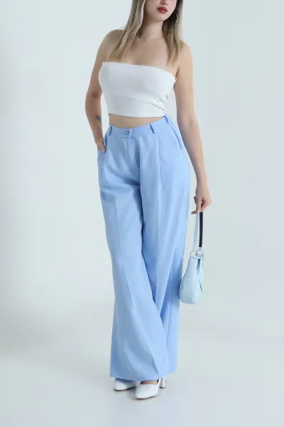 Bebe Mavisi Cepli Pileli Keten Kadın Pantolon 487751