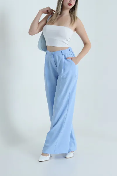 Bebe Mavisi Cepli Pileli Keten Kadın Pantolon 487751
