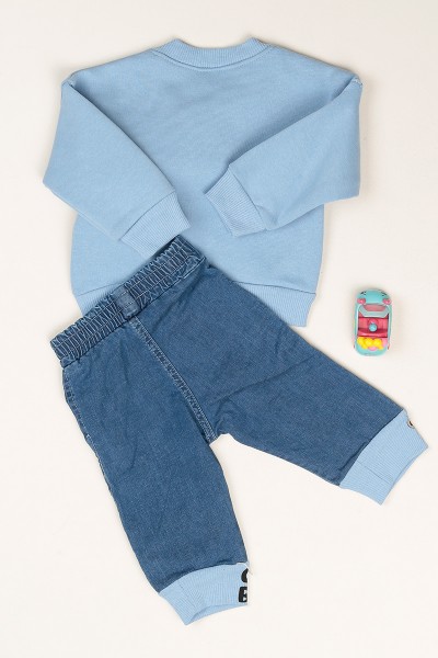 Bebe Mavisi Cepte Ayıcık Detaylı Paçası Lastikli Kot Pantolonlu İkili Takım 79007
