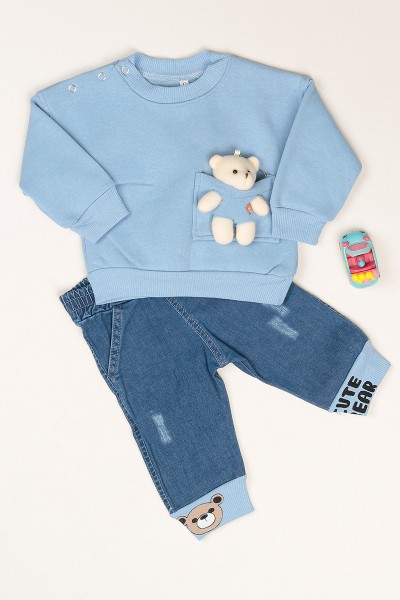 Bebe Mavisi Cepte Ayıcık Detaylı Paçası Lastikli Kot Pantolonlu İkili Takım 79007