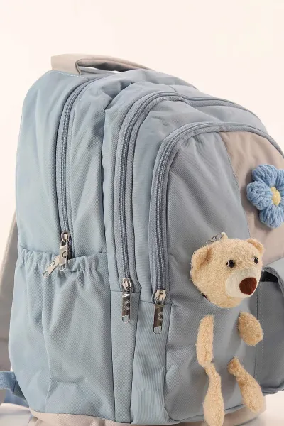 Bebe Mavisi Çiçek Detaylı Ayıcık Aksesuarlı Bol Gözlü Sırt Çantası 388573