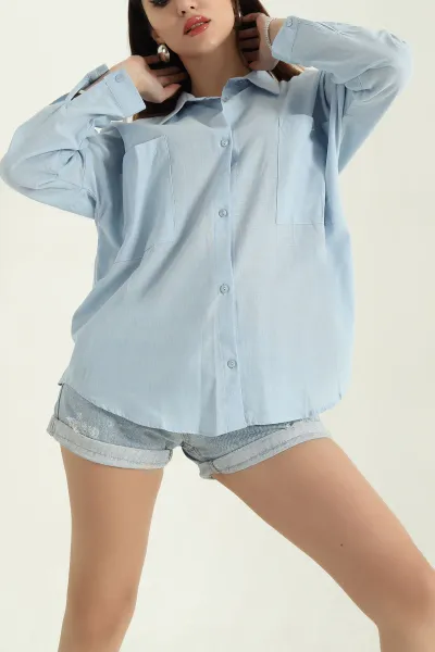 Bebe Mavisi Çift Cep Oversize Keten Gömlek 336983