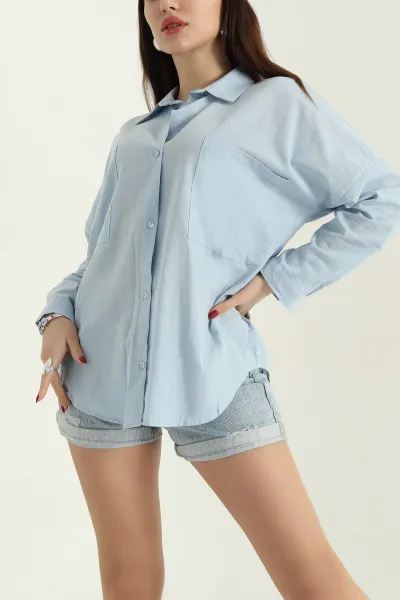 Bebe Mavisi Çift Cep Oversize Keten Gömlek 336983