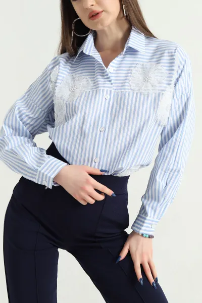 Bebe Mavisi Çizgili Çiçek Detay Poplin Bayan Gömlek 337968